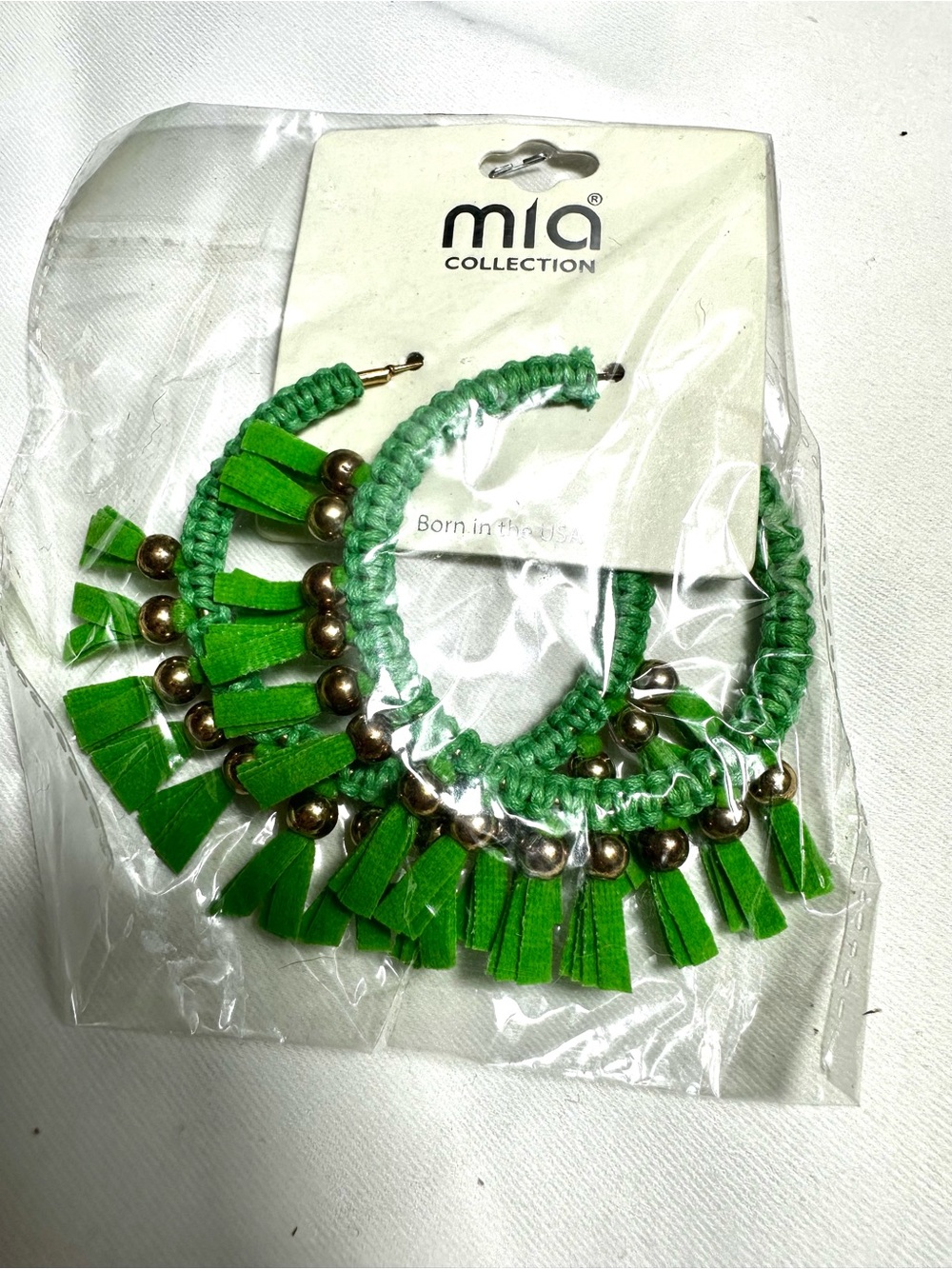 M51. MIA COLLECTION Bright Green Tassel Hoop Earrings with Gold Beads